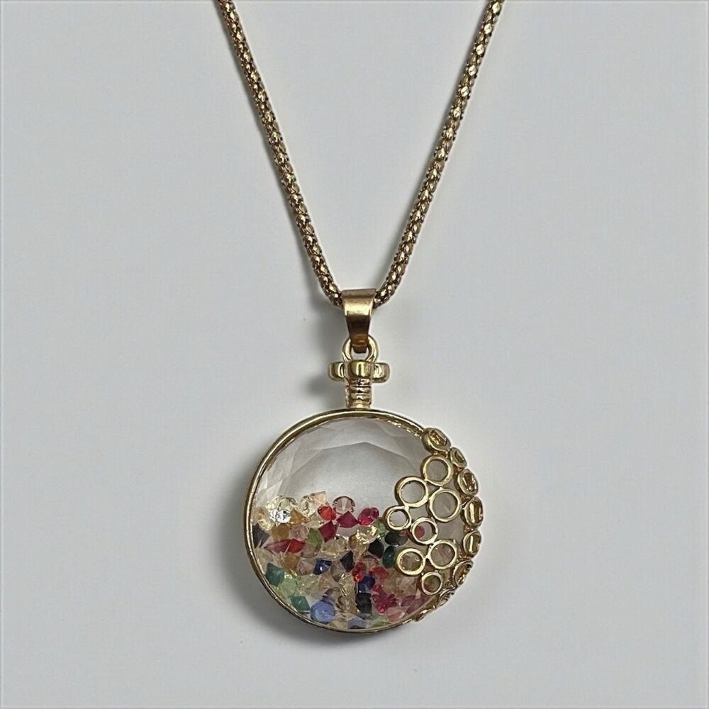 Vintage Gold Tone Multicolor Crystal Shaker Locket Bottle Pendant Necklace